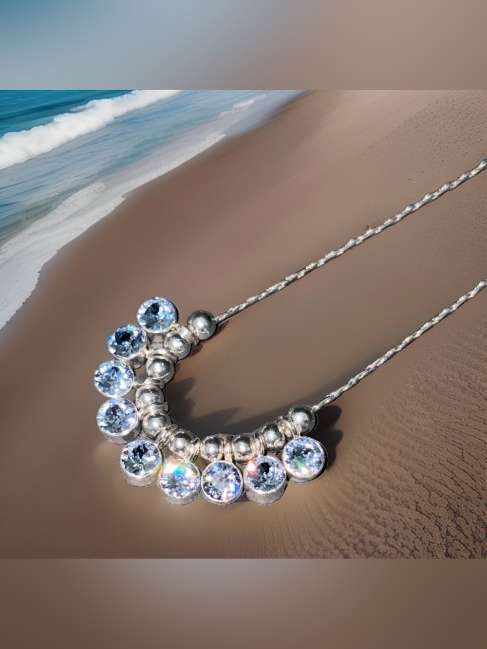 Silver Tone Light Blue Rhinestone Curved Bib Necklace Dainty Chain 19 Inch